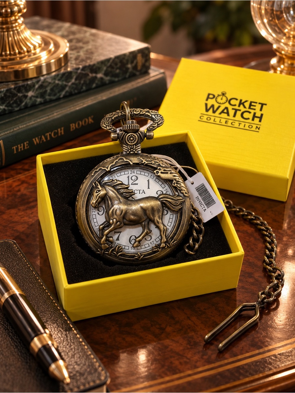 Invicta 49006 Bronze Horse Equestrian Pocket Watch 47mm NWT w/ Box & Chain
